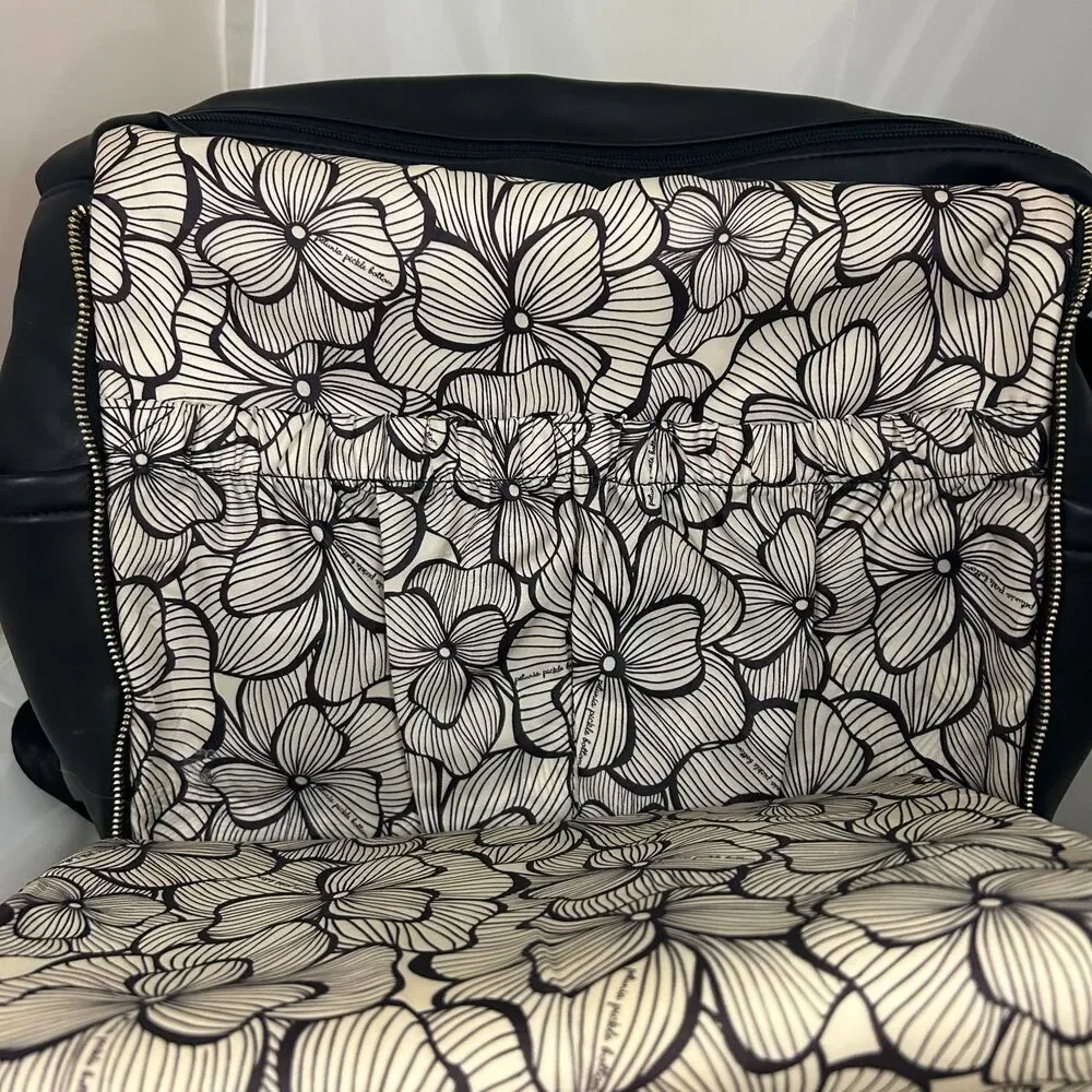 Petunia Pickle Bottom Black Vegan Leather Backpack Floral Lining Changing Pad
